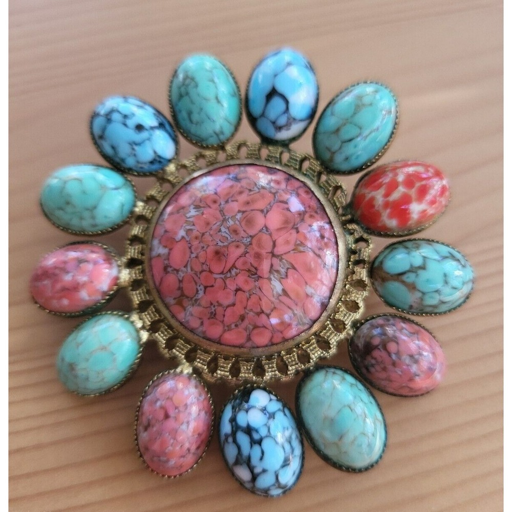 Czech Mottled Art Glass  Multi Colored Filigree Antique Vintage Pin Brooch Rare